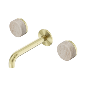 Nero Serenity Wall Basin Set 160mm Spout With Rome Travertine Handle Brushed Gold - 24D037BG