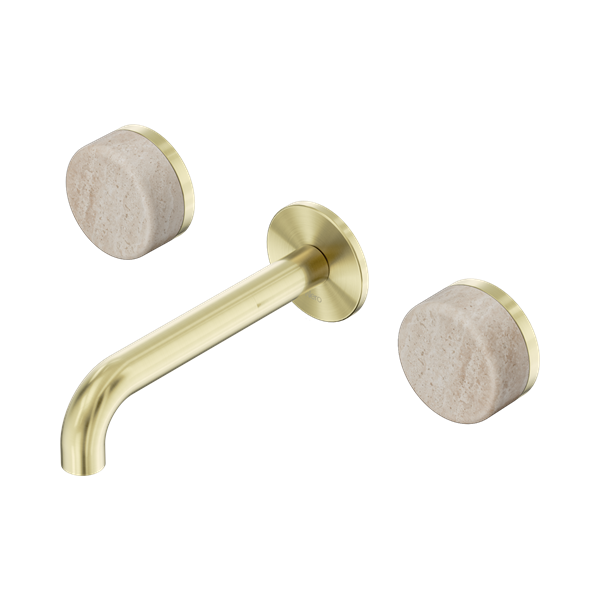 Nero Serenity Wall Basin Set 160mm Spout With Rome Travertine Handle Brushed Gold - 24D037BG