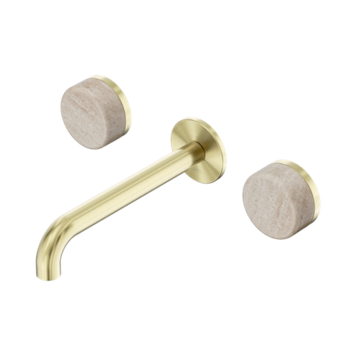 Nero Serenity Wall Basin Set 185mm Spout With Rome Travertine Handle Brushed Gold - 24D043BG