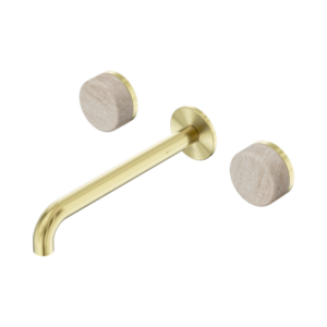 Nero Serenity Wall Basin Set 220mm Spout With Rome Travertine Handle Brushed Gold - 24D049BG