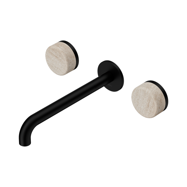 Nero Serenity Wall Basin Set 220mm Spout With Rome Travertine Handle Matte Black - 24D049MB