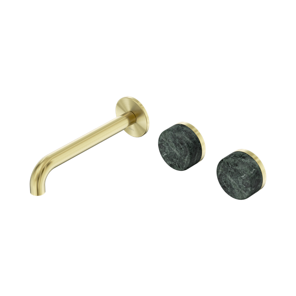 Nero Serenity Wall Basin Set 185mm Offset Spout With Verde Alpi Handle Brushed Gold - 24D060BG