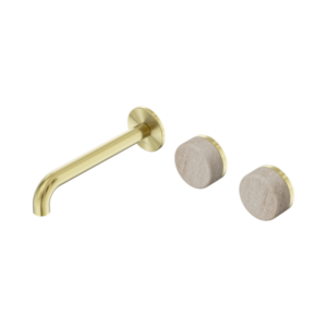 Nero Serenity Wall Basin Set 185mm Offset Spout With Rome Travertine Handle Brushed Gold - 24D061BG
