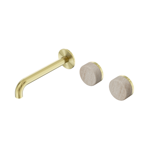 Nero Serenity Wall Basin Set 185mm Offset Spout With Rome Travertine Handle Brushed Gold - 24D061BG