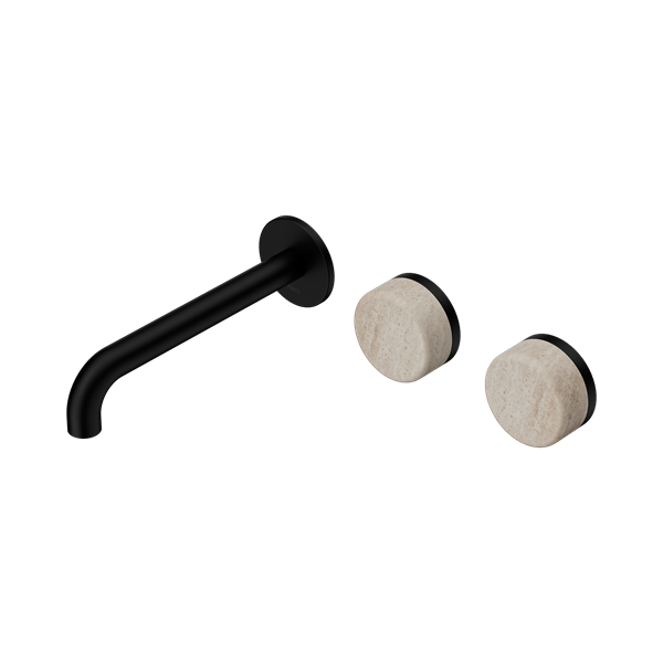 Nero Serenity Wall Basin Set 185mm Offset Spout With Rome Travertine Handle Matte Black - 24D061MB