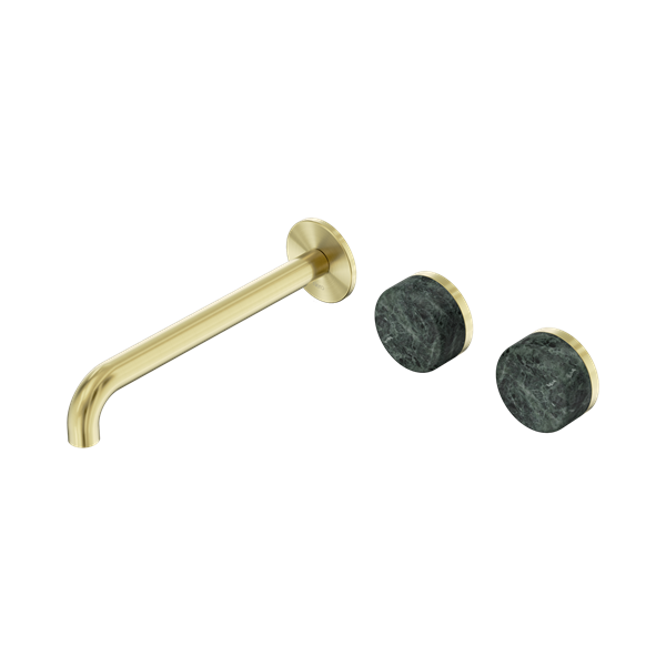 Nero Serenity Wall Basin Set 220mm Offset Spout With Verde Alpi Handle Brushed Gold - 24D066BG