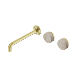 Nero Serenity Wall Basin Set 220mm Offset Spout With Rome Travertine Handle Brushed Gold - 24D067BG