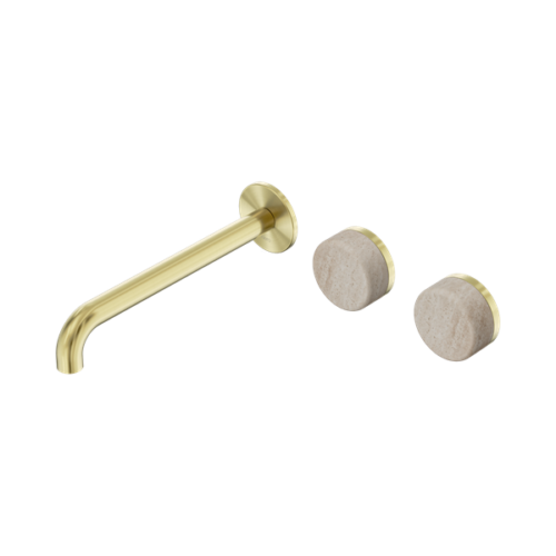 Nero Serenity Wall Basin Set 220mm Offset Spout With Rome Travertine Handle Brushed Gold - 24D067BG