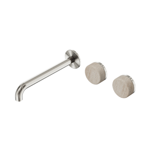 Nero Serenity Wall Basin Set 220mm Offset Spout With Rome Travertine Handle Brushed Nickel - 24D067BN