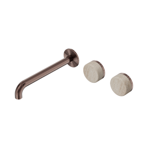 Nero Serenity Wall Basin Set 220mm Offset Spout With Rome Travertine Handle Brushed Bronze - 24D067BZ