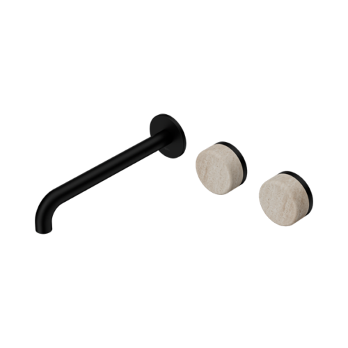 Nero Serenity Wall Basin Set 220mm Offset Spout With Rome Travertine Handle Matte Black - 24D067MB