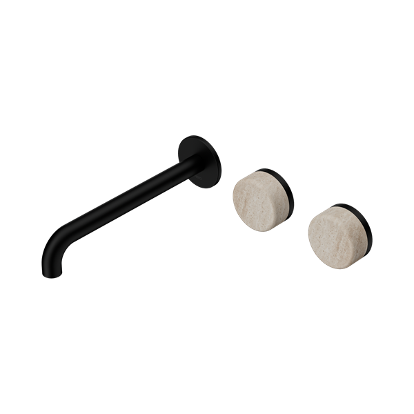 Nero Serenity Wall Basin Set 220mm Offset Spout With Rome Travertine Handle Matte Black - 24D067MB