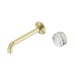 Nero Serenity Progressive Wall Basin Mixer 185mm Spout With Arabescato Corchia Handle Brushed Gold - 24E070BG