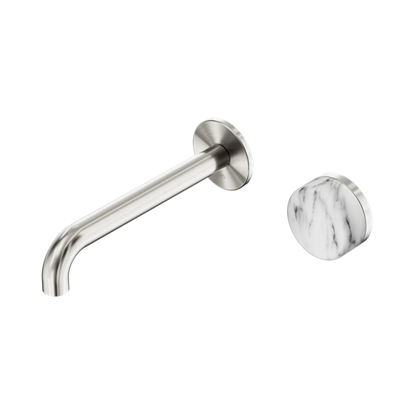 Nero Serenity Progressive Wall Basin Mixer 185mm Spout With Arabescato Corchia Handle Brushed Nickel - 24E070BN