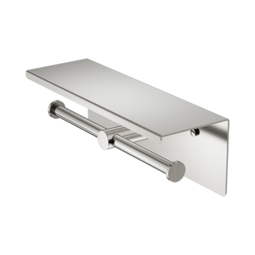 Nero Mecca Double Toilet Roll Holder With Shelf Brushed Nickel - NR1986eBN