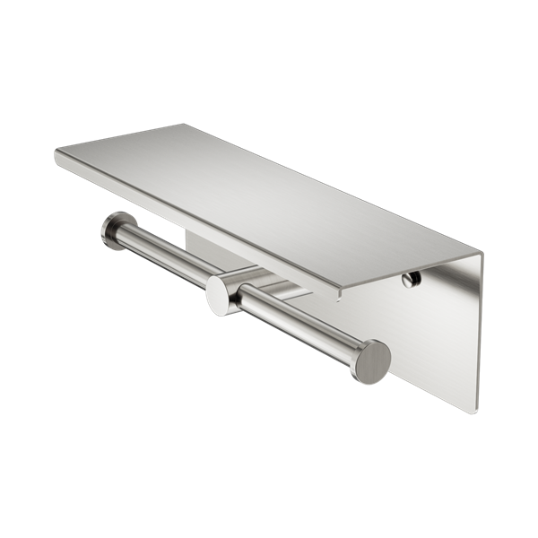 Nero Mecca Double Toilet Roll Holder With Shelf Brushed Nickel - NR1986eBN