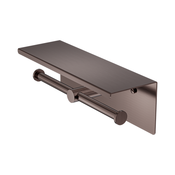 Nero Mecca Double Toilet Roll Holder With Shelf Brushed Bronze - NR1986eBZ