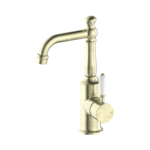 Nero York Basin Mixer With White Porcelain Lever Aged Brass - NR69210101AB