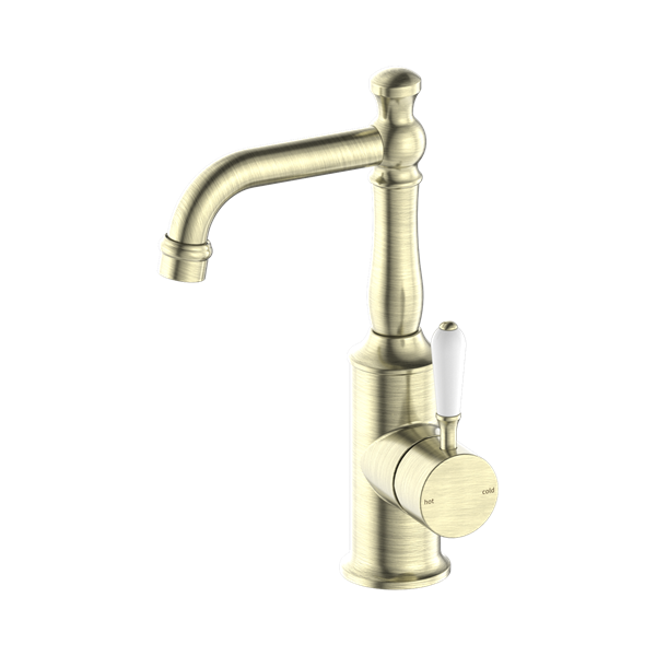Nero York Basin Mixer With White Porcelain Lever Aged Brass - NR69210101AB