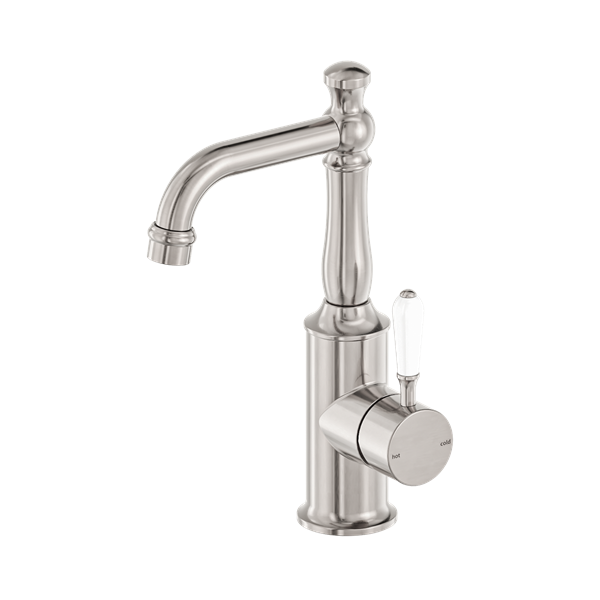 Nero York Basin Mixer With White Porcelain Lever Brushed Nickel - NR69210101BN