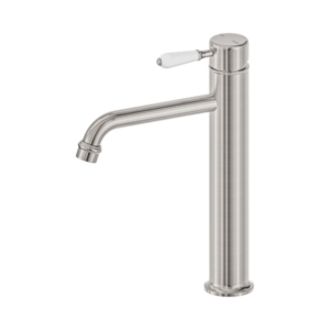 Nero York Straight Tall Basin Mixer With White Porcelain Lever Brushed Nickel - NR692101a01BN