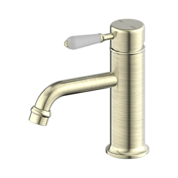 Nero York Straight Basin Mixer With White Porcelain Lever Aged Brass - NR692101b01AB