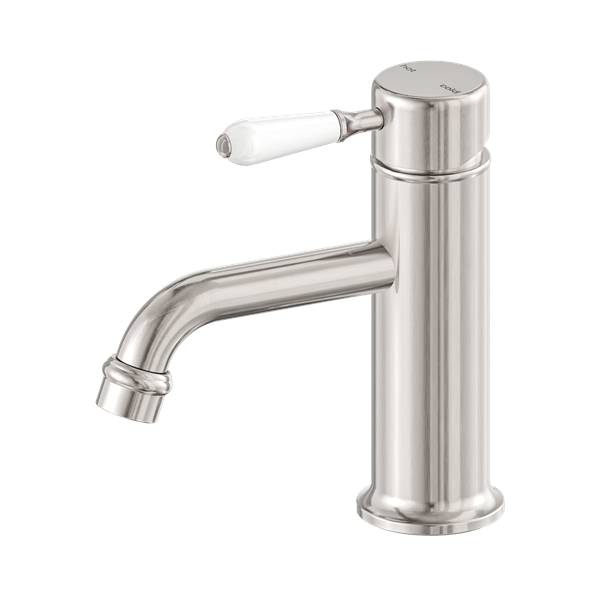 Nero York Straight Basin Mixer With White Porcelain Lever Brushed Nickel - NR692101b01BN