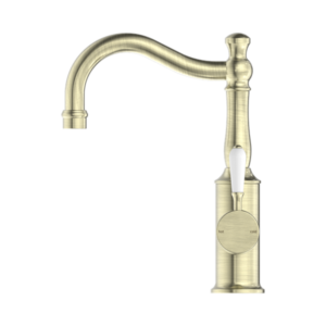 Nero York Basin Mixer Hook Spout With White Porcelain Lever Aged Brass - NR69210201AB