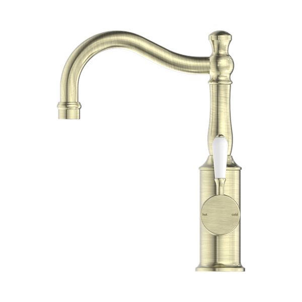 Nero York Basin Mixer Hook Spout With White Porcelain Lever Aged Brass - NR69210201AB