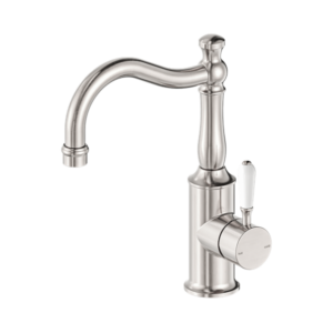 Nero York Basin Mixer Hook Spout With White Porcelain Lever Brushed Nickel - NR69210201BN