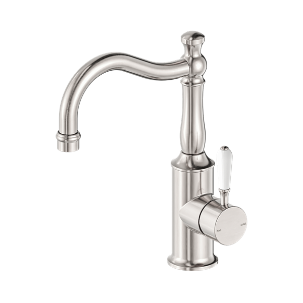 Nero York Basin Mixer Hook Spout With White Porcelain Lever Brushed Nickel - NR69210201BN