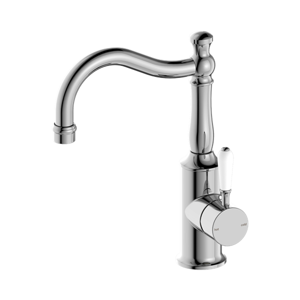 Nero York Basin Mixer Hook Spout With White Porcelain Lever Chrome - NR69210201CH