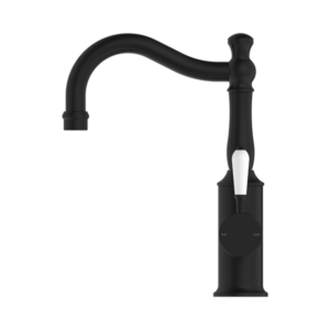 Nero York Basin Mixer Hook Spout With White Porcelain Lever Matte Black - NR69210201MB