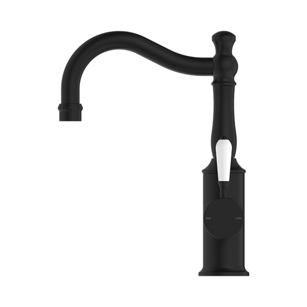 Nero York Basin Mixer Hook Spout With White Porcelain Lever Matte Black - NR69210201MB