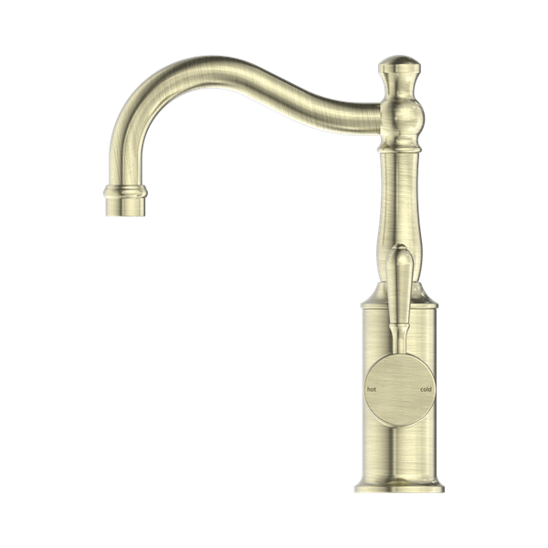 Nero York Basin Mixer Hook Spout With Metal Lever Aged Brass - NR69210202AB