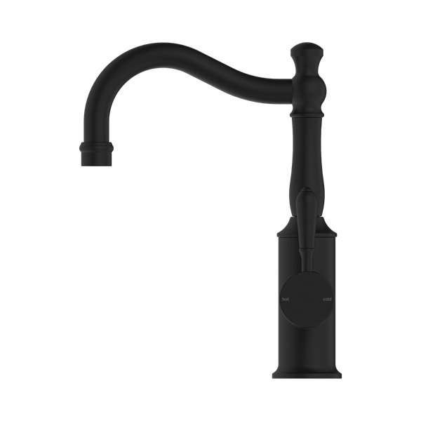 Nero York Basin Mixer Hook Spout With Metal Lever Matte Black - NR69210202MB