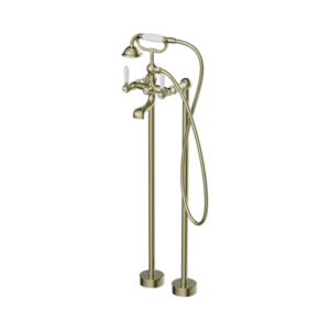 Nero York Freestanding Bath Set With White Porcelain Hand Shower Aged Brass - NR692103a01AB