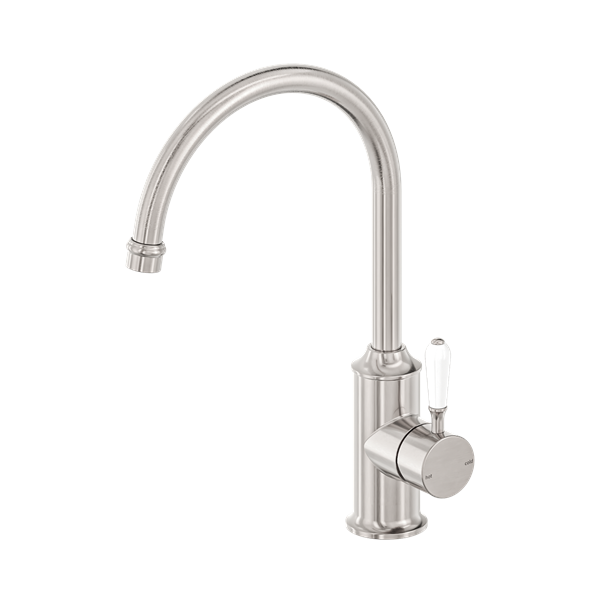 Nero York Kitchen Mixer Gooseneck Spout With White Porcelain Lever Brushed Nickel - NR69210601BN