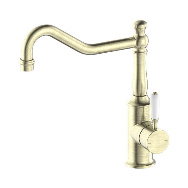 Nero York Kitchen Mixer Hook Spout With White Porcelain Lever Aged Brass - NR69210701AB