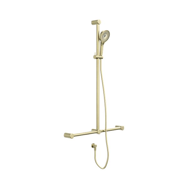 Nero Mecca Care 32mm T Bar Grab Rail And Adjustable Shower Set 1100X750mm Brushed Gold - NRCS006BG
